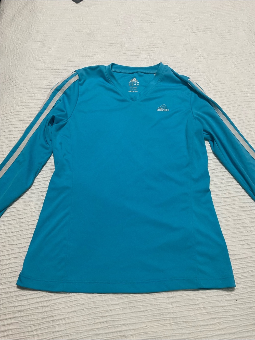 adidas Long Sleeve Athletic Tee in Bright Teal with Silver Stripes
